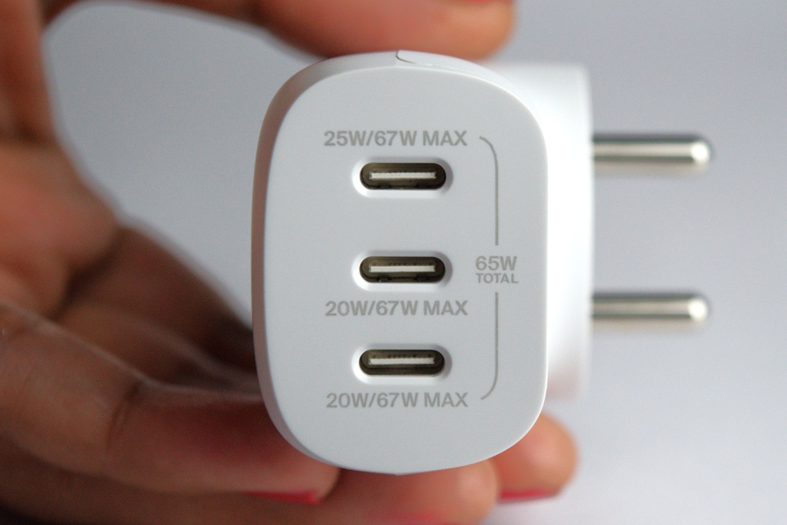 White Belkin power charger and its USB-C ports
