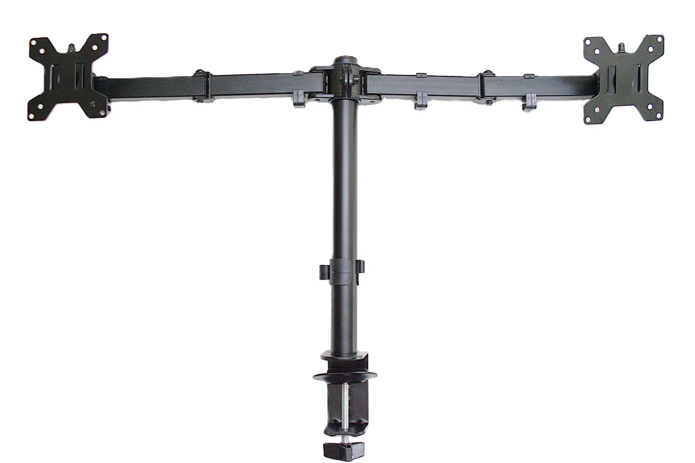 Black empty dual monitor stand on a white background, front view