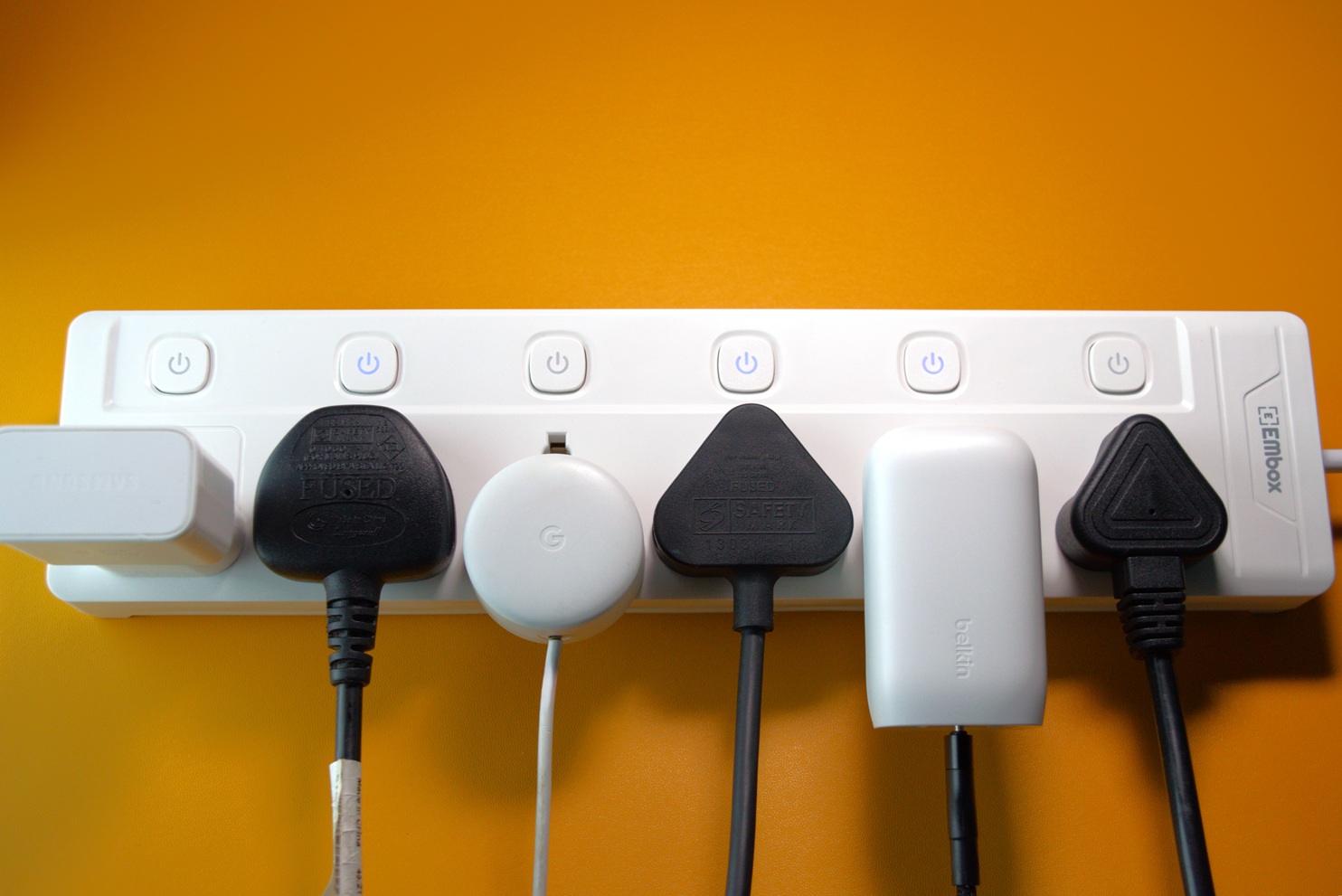 Six occupied sockets of a power strip